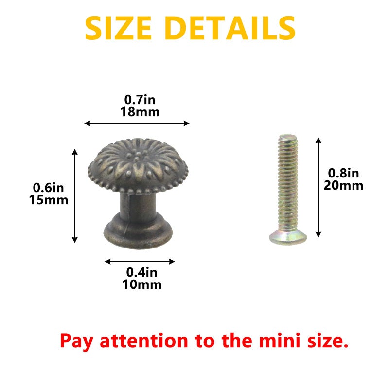 Geesatis 16 pcs Bronze Antique Knob Handles Flower Pattern Jewelry Box Drawer Cupboard Wardrobe Cabinet Pull Knobs Handles, with Mounting Screws, 0.7 x 0.6 inch, Mini Knobs - Image 2